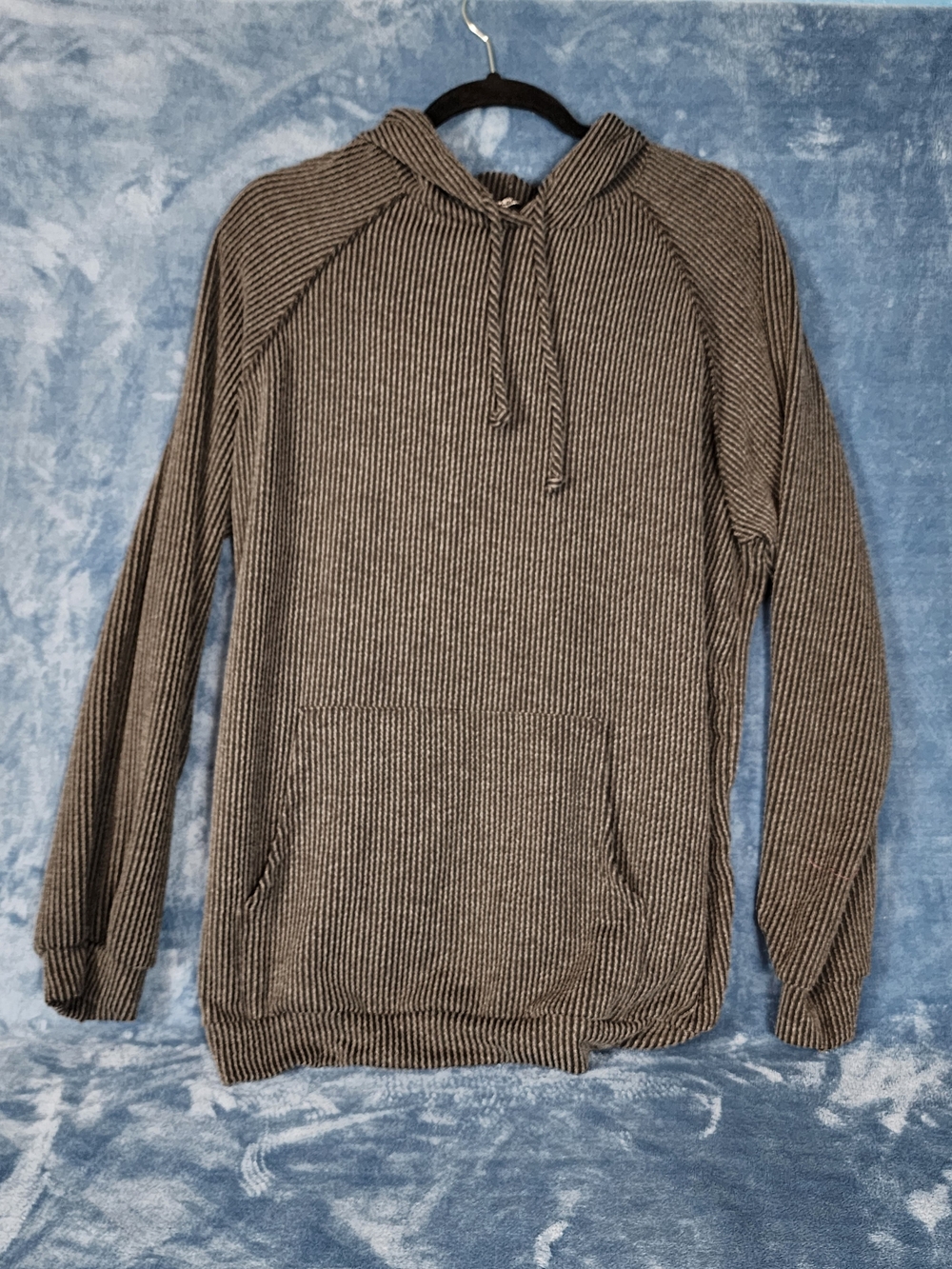 HEIMISH USA Striped Ribbed Knit Hoodie in Black and Gray